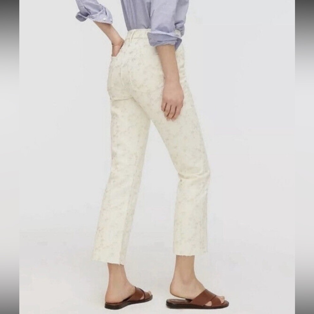 J Crew Billie Demi Boot Cut Crop Cream Floral Embroidered Jeans Size 26 - Picture 11 of 13
